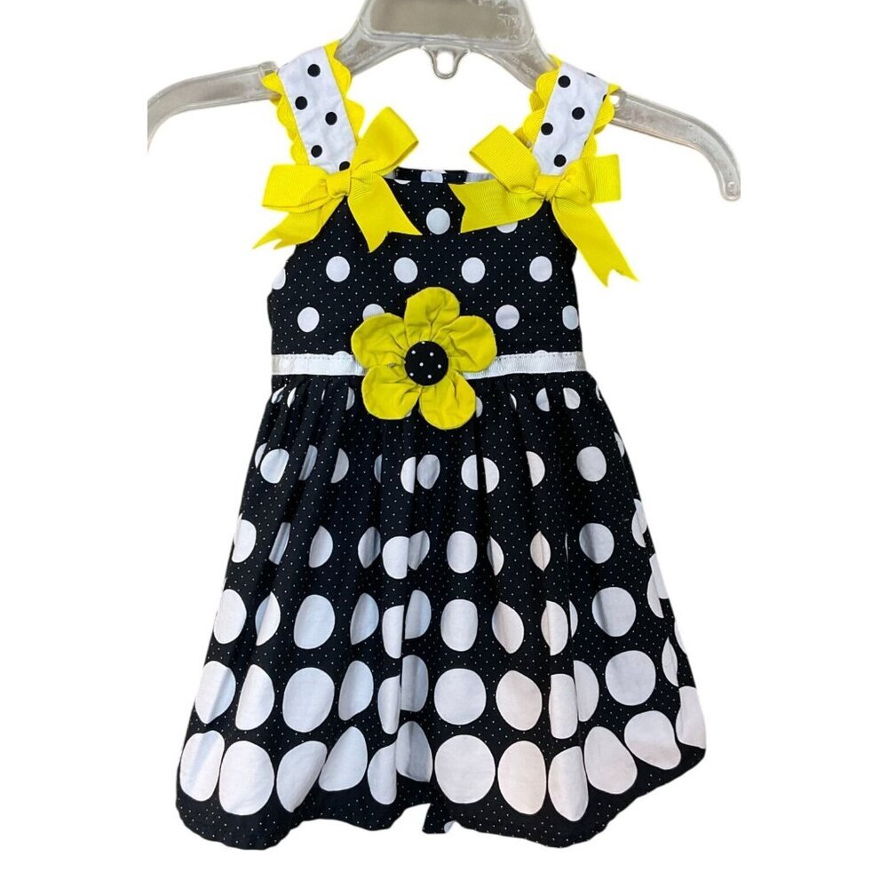 Rare Too! Infant Girls Black White Polka Dot Sundress Yellow Ric Rac Trim Bow 6M